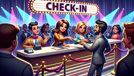 Photo of an animated event check-in desk. A line of customers eagerly waits to pay their entry fee. The staff. The check-in staff graciously accepts cash from attendees. The background hums with anticipation. The desk showcases vibrant event-themed decorations, hinting at the fun to come.