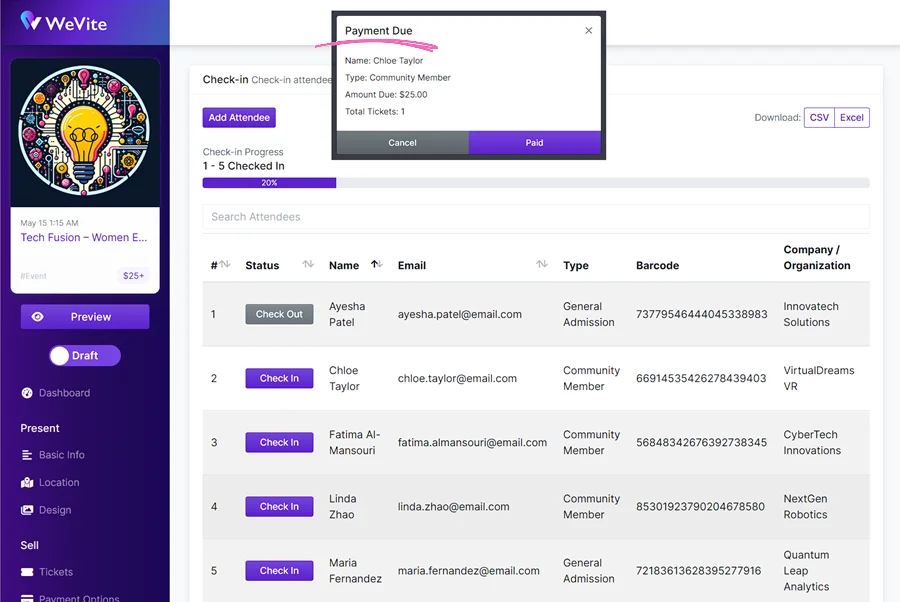 Desktop QR code check-in page for event management