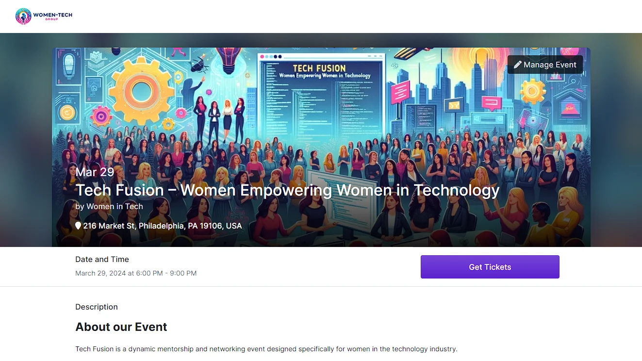 Desktop event page with branding and management tools