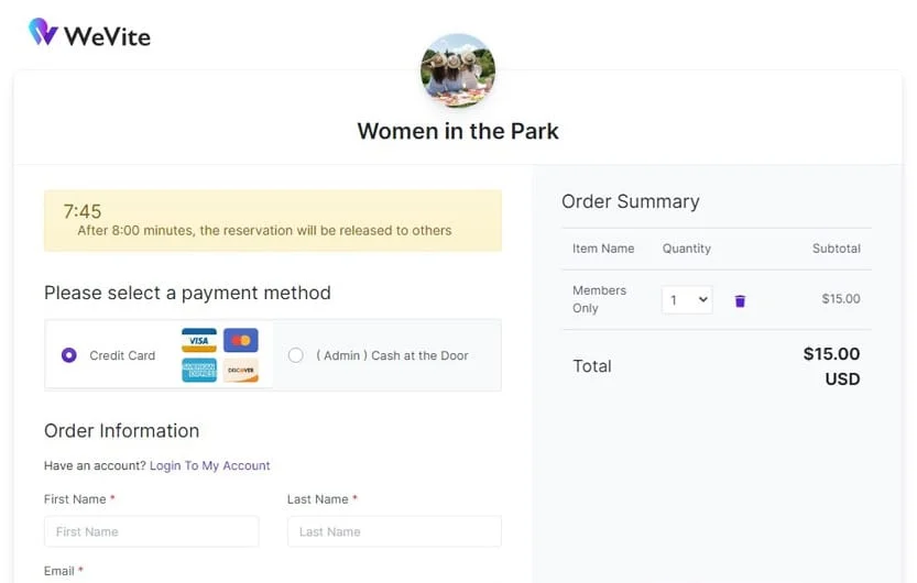Simple one-step checkout screen showing card and cash-at-door options