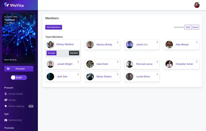 Group management screen with member roles and permissions
