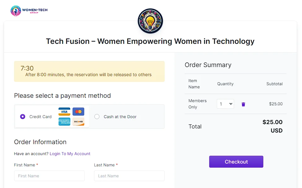 One-step checkout showing card and cash-at-door options